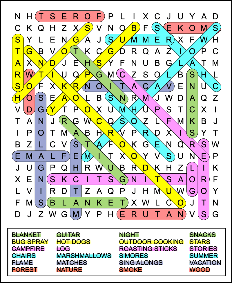 A color coded campfire camping word search answer key.