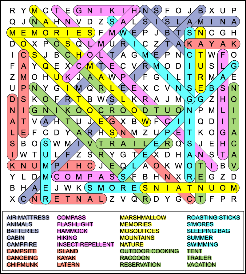 A color coded answer key for a difficult camping word search.