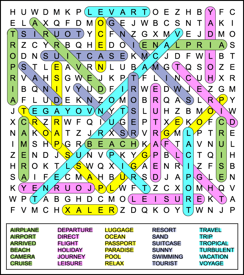 A color coded vacation word search answer key.