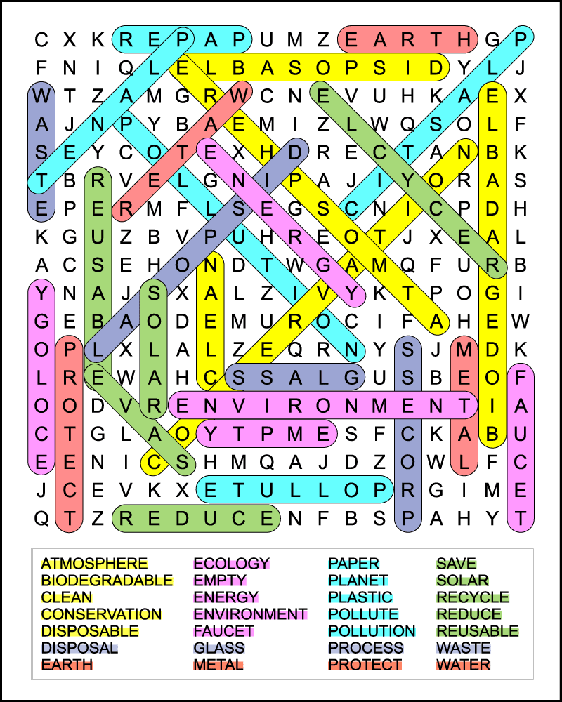 A color coded Earth Day word search answer key.