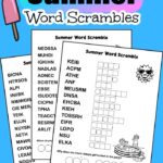 3 printable summer word scrambles for kids. The letters of each unscrambled word are to be written in either a square or a circle. When all the summer themed words of a word jumble are unscrambled, the letters in the circles are to be rewritten in the circles at the bottom of the printable. It will be the answer to a summer joke for kids. The black and white printables are decorated with summer images kids can color.