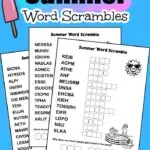 3 printable summer word scrambles for kids. The letters of each unscrambled word are to be written in either a square or a circle. When all the summer themed words of a word jumble are unscrambled, the letters in the circles are to be rewritten in the circles at the bottom of the printable. It will be the answer to a summer joke for kids. The black and white printables are decorated with summer images kids can color.