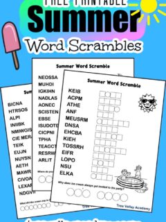 3 printable summer word scrambles for kids. The letters of each unscrambled word are to be written in either a square or a circle. When all the summer themed words of a word jumble are unscrambled, the letters in the circles are to be rewritten in the circles at the bottom of the printable. It will be the answer to a summer joke for kids. The black and white printables are decorated with summer images kids can color.