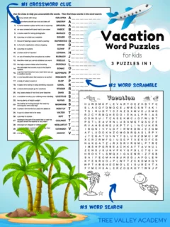 Vacation word puzzle for kids. 3 puzzles in 1: a crossword, word scramble & a word search.