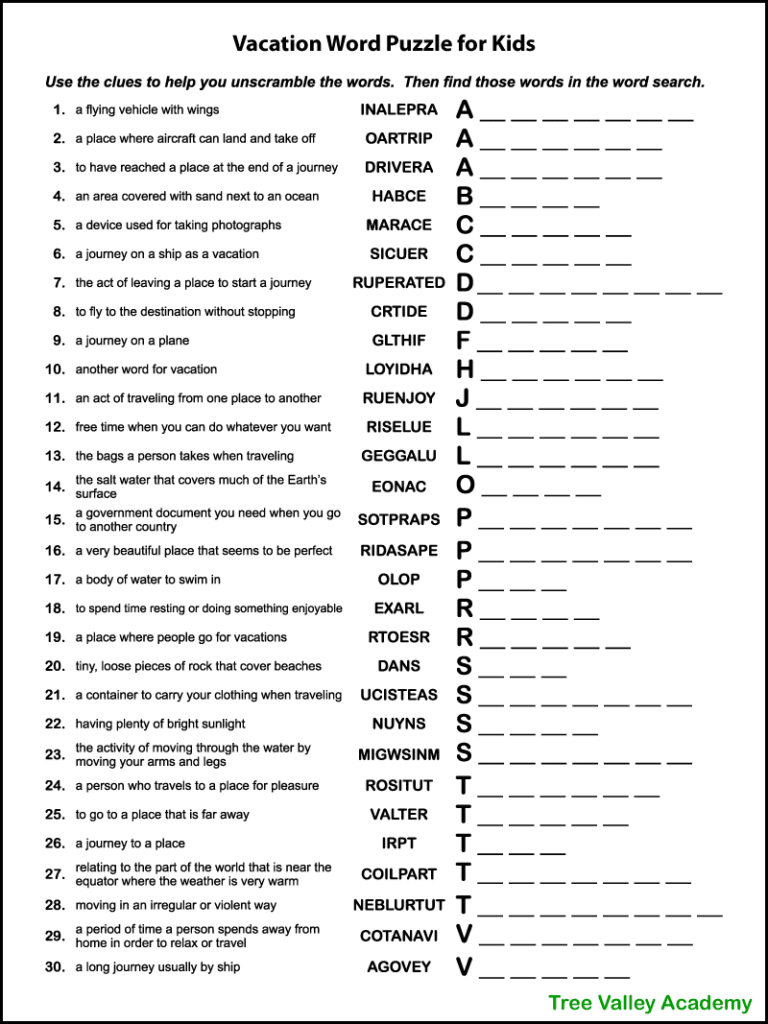 A screenshot of one page of a 3 in 1 printable vacation word puzzle for kids.  There are 30 clues to solve.  The answer for each clue is given in its scrambled form.