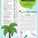 Vacation word puzzle for kids. 3 puzzles in 1: a crossword, word scramble & a word search.