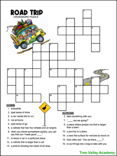 A printable road trip crossword puzzle for kids. The puzzle has 17 clues down and across. It's decorated with images of a family in a car on a road trip, a road, and a road sign. The puzzle can be printed in color or black and white.