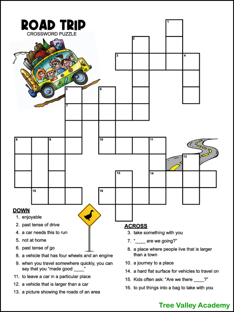 A printable road trip crossword puzzle for kids.  The puzzle has 17 clues down and across.  It's decorated with images of a family in a car on a road trip, a road, and a road sign.  The puzzle can be printed in color or black and white.