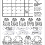 A frog themed May 2023 calendar worksheet. The math coloring worksheet is for grade 1 & 2 students. There's 18 calendar questions written in the images of 6 frogs, 9 lily pads, and 3 logs with frogs sitting on them. Kids can color the images as they answer the questions.