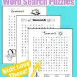 3 printable summer word search puzzles for kids. The black and white printable word searches are decorated with summer themed images that kids can color.