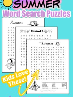 3 printable summer word search puzzles for kids. The black and white printable word searches are decorated with summer themed images that kids can color.