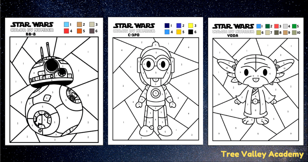 Printable color by number coloring pages of Star Wars characters: BB-8, C-3PO & Yoda.