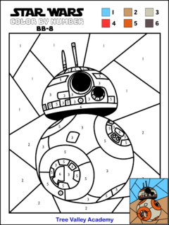 A free printable Star Wars color by number coloring page of BB-8.