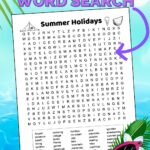 A free printable summer holidays word search with 35 hidden summer words on a 19 X 20 grid of letters.