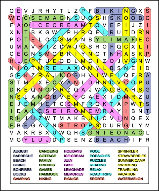 Summer Holidays Word Search Answer Key