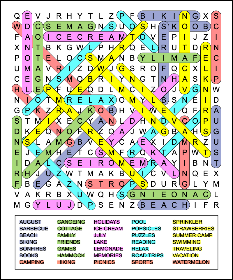 color coded summer holidays word search answer key