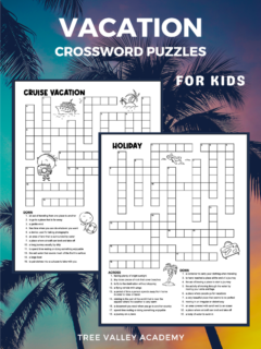 Vacation crossword puzzles for kids. Two black and white printable crossword puzzles with a 