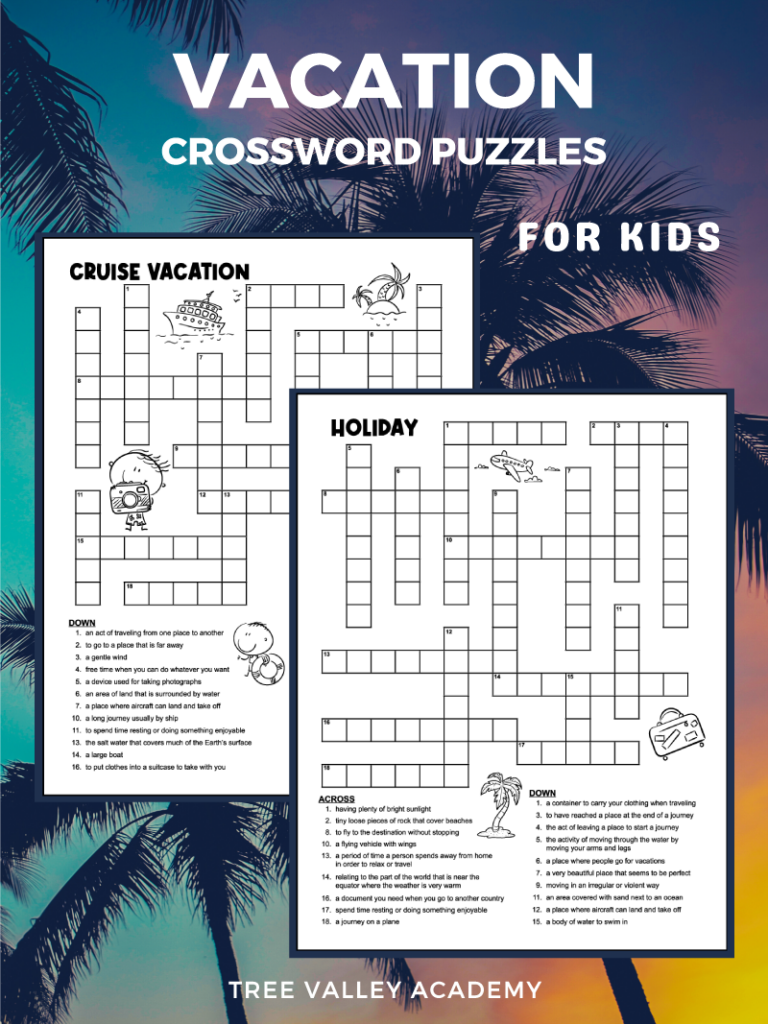 Vacation crossword puzzles for kids.  Two black and white printable crossword puzzles with a "Cruise Vacation" and "Holiday" themes.  The puzzles are decorated with images that kids can color. The puzzles are in front of a colourful palm tree background.