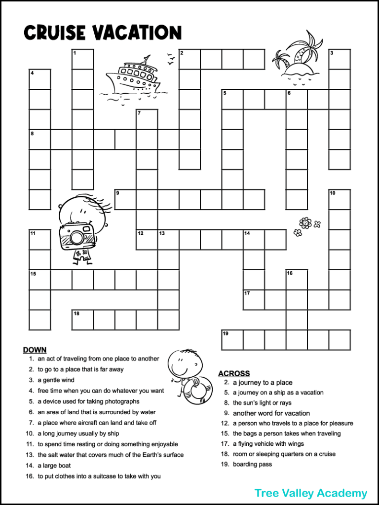 A screenshot of a printable cruise vacation themed crossword puzzle for kids. There are 9 clues across and 12 clues down for kids to solve. The black and white printable has 5 cute images that kids can color if they wish. The images are an island with palm trees, a cruise ship, a boy carrying a life preserver, a boy with a camera and some flowers.