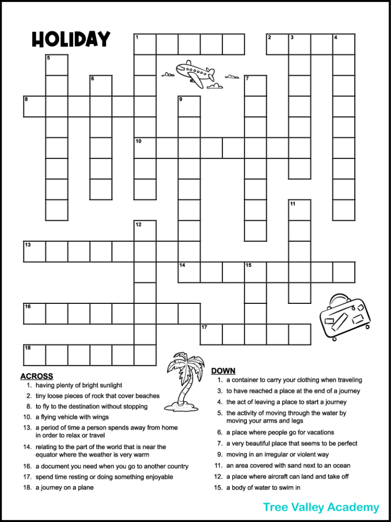 A free printable beach resort vacation themed crossword puzzle for kids. There are 9 clues across and 10 clues down for kids to solve. The black and white printable has 3 cute images that kids can have fun coloring.  There's an image of a plane flying in the sky, a palm tree, and a suitcase.