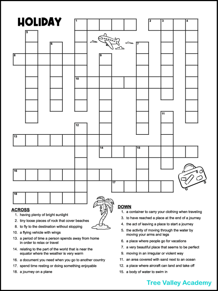 A free printable beach resort vacation themed crossword puzzle for kids. There are 9 clues across and 10 clues down for kids to solve. The black and white printable has 3 cute images that kids can have fun coloring.  There's an image of a plane flying in the sky, a palm tree, and a suitcase.