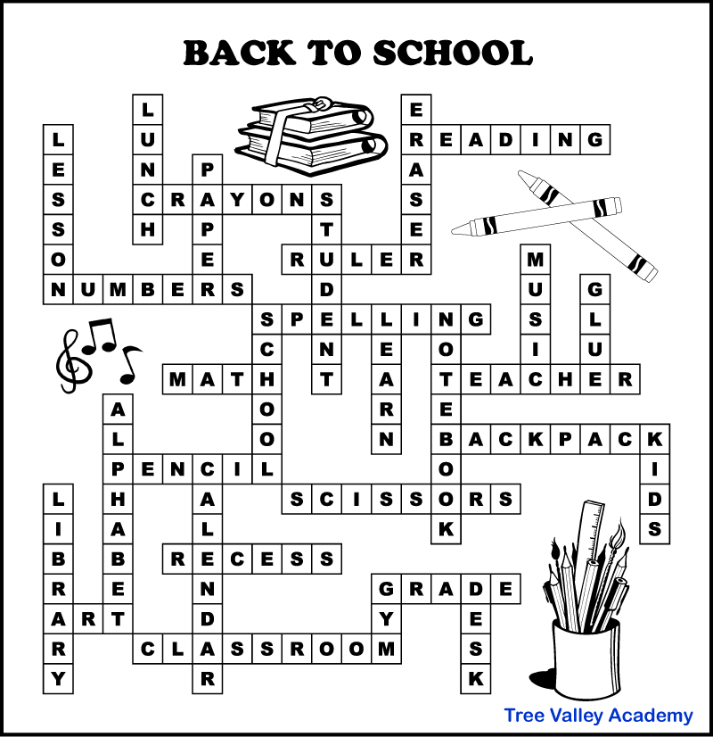 The answer key to a back to school fill in puzzle for kids.