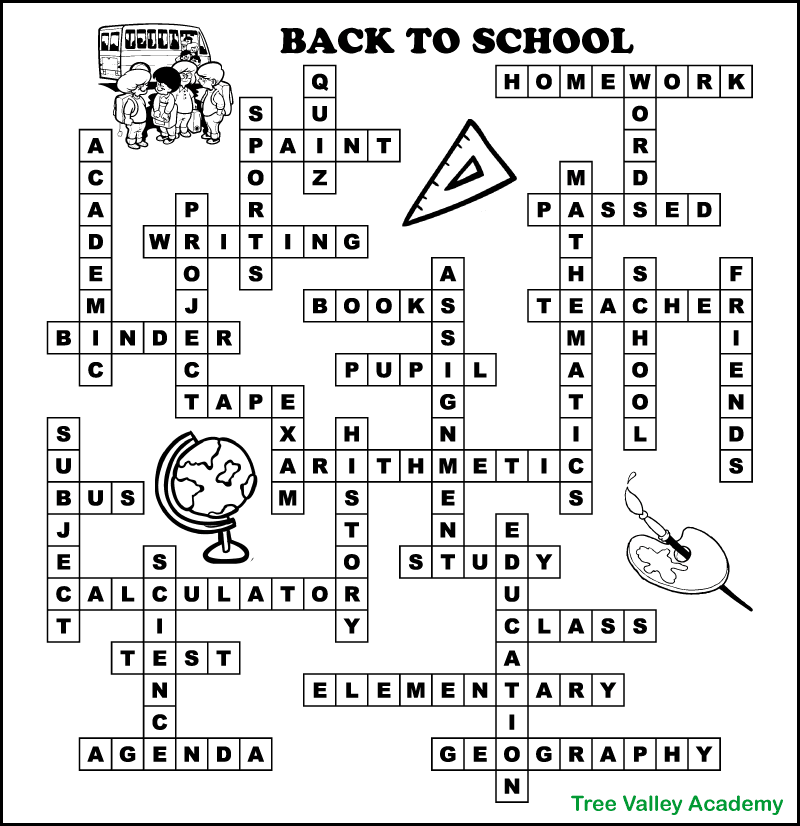 The answer key to a back to school fill in puzzle for kids.