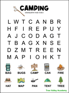 Printable camping themed word search for kindergarten. There are 10 words hidden in a 6X8 very large print grid of letters. Each of the words to find have a picture above it helping kids to be able to read each word. The words and images are of a bag, bugs, camp, can, fire, hat, map, pan, tent, and tree. The puzzle is decorated with marshmallows on a stick. The images are in color but there's another version in black and white that kids can color if they wish.