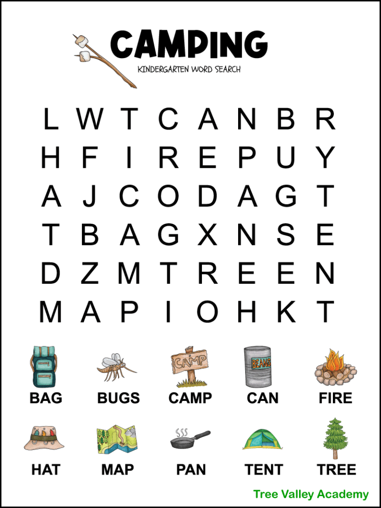 Printable camping themed word search for kindergarten. There are 10 words hidden in a 6X8 very large print grid of letters. Each of the words to find have a picture above it helping kids to be able to read each word. The words and images are of a bag, bugs, camp, can, fire, hat, map, pan, tent, and tree. The puzzle is decorated with marshmallows on a stick. The images are in color but there's another version in black and white that kids can color if they wish.