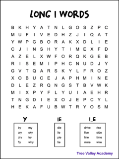 Free printable long I words word search. There are 20 hidden long I words hidden in a 12 X 14 grid of letters. The words to find are grouped by: IE words, I_E words, and words ending in Y.