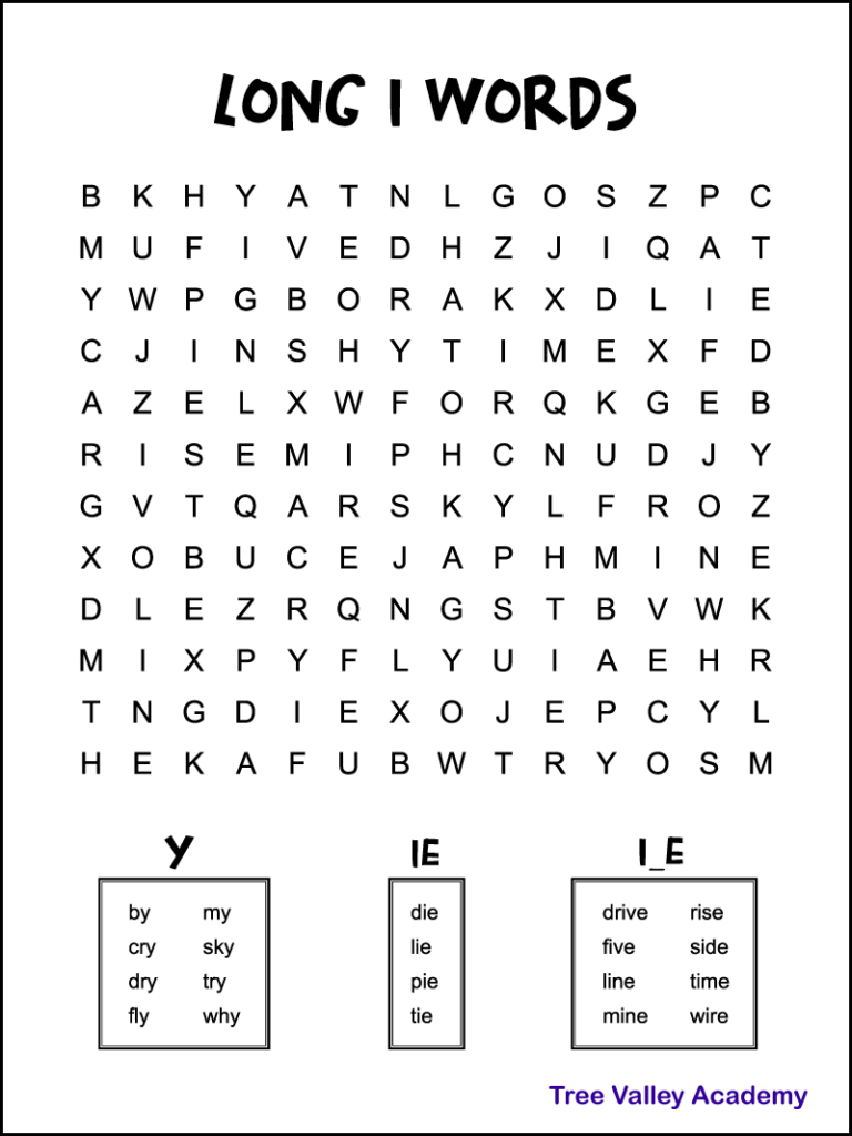 Free printable long I words word search.  There are 20 hidden long I words hidden in a 12 X 14 grid of letters.  The words to find are grouped by: IE words, I_E words, and words ending in Y.