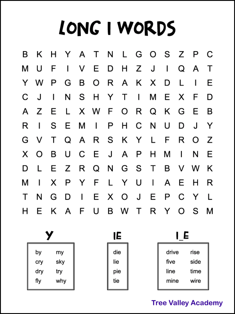 Free printable long I words word search. There are 20 hidden long I words hidden in a 12 X 14 grid of letters. The words to find are grouped by: IE words, I_E words, and words ending in Y.