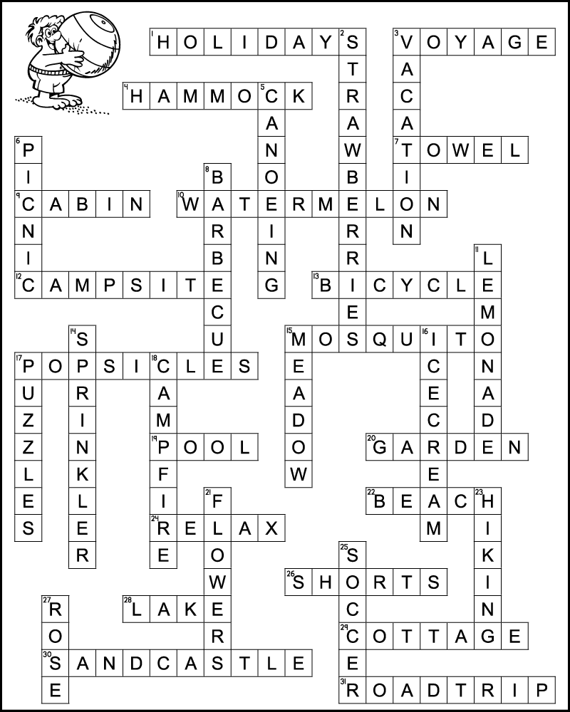 Answer key for printable summer crossword puzzle for older kids. The words across are: holidays, voyage, hammock, towel, cabin, watermelon, campsite, bicycle, mosquito, popsicles, pool, garden, beach, relax, shorts, lake, sandcastle, cottage, and road trip. The words down are: strawberries, vacation, picnic, barbecue, canoeing, lemonade, ice cream, meadow, sprinkler, puzzles, flowers, hiking, soccer, flowers, and rose.