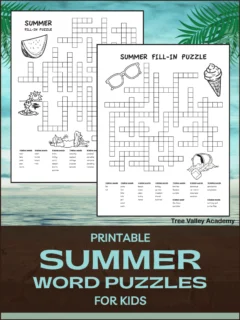 Free printable summer word puzzles for kids. The fill in word puzzles have summer themed words grouped by their number of letters. The challenge is fitting all the summer words into the crossword like puzzle. The black and white printable word puzzles are decorated with fun summer themed images kids can color.