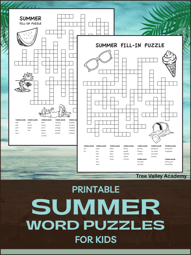 Free printable summer word puzzles for kids. The fill in word puzzles have summer themed words grouped by their number of letters. The challenge is fitting all the summer words into the crossword like puzzle. The black and white printable word puzzles are decorated with fun summer themed images kids can color.