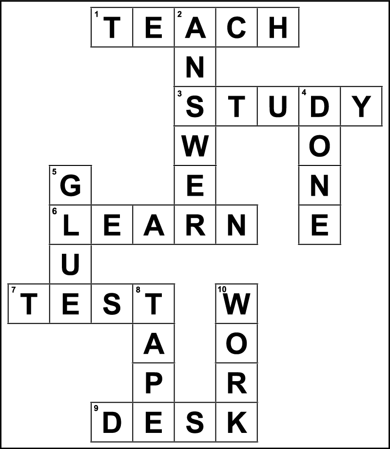 A 2nd grade crossword answer key. The words across are: teach, study, learn, test, and desk. The words down are: answer, done, glue, tape, and work.