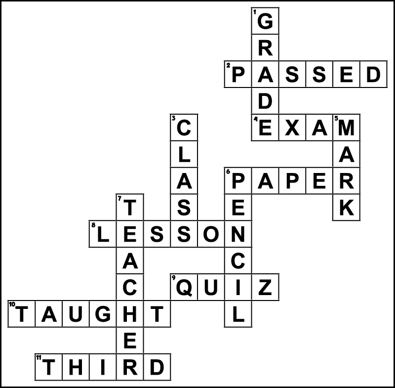 A 3rd grade crossword answer key. The words across are: passed, exam, paper, lesson, taught, quiz and third. The words down are: grade, mark, class, teacher, and pencil.