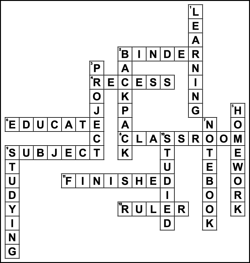 A 4th grade crossword answer key. The words across are: binder, recess, educate, classroom, subject, finished, and ruler. The words down are: learning, backpack, project, studying, studied, notebook, and homework.