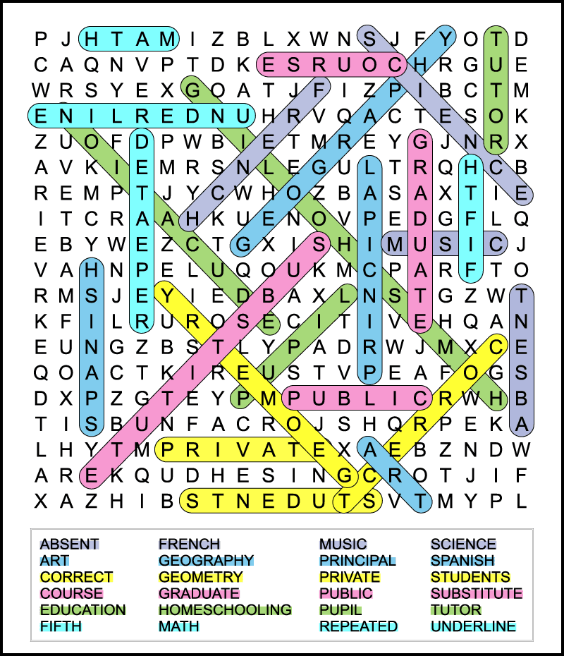 A color coded 5th grade back to school word search answer key.