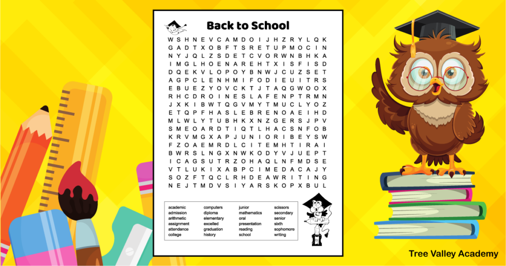 A black and white printable back to school word search with 24 hidden words in a 19X20 grid of letters.  The word puzzle is decorated with images of an owl wearing a graduation hat.