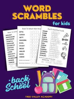 Back to school word scrambles for kids. 3 free printable black and white pages. Beside each scrambled word there are squares, circles and sometimes triangles to place the unjumbled letters in. Afterward the letters in circles and triangles can be used to spell the answer to a back to school joke.