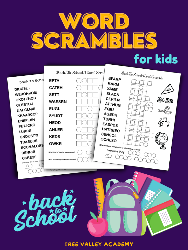 Back to school word scrambles for kids. 3 free printable black and white pages. Beside each scrambled word there are squares, circles and sometimes triangles to place the unjumbled letters in. Afterward the letters in circles and triangles can be used to spell the answer to a back to school joke.