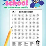 A black and white printable back to school 6th grade word search.