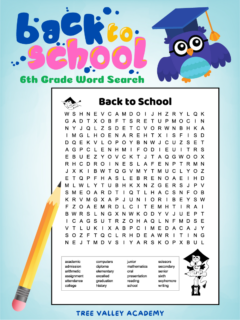 A black and white printable back to school 6th grade word search.