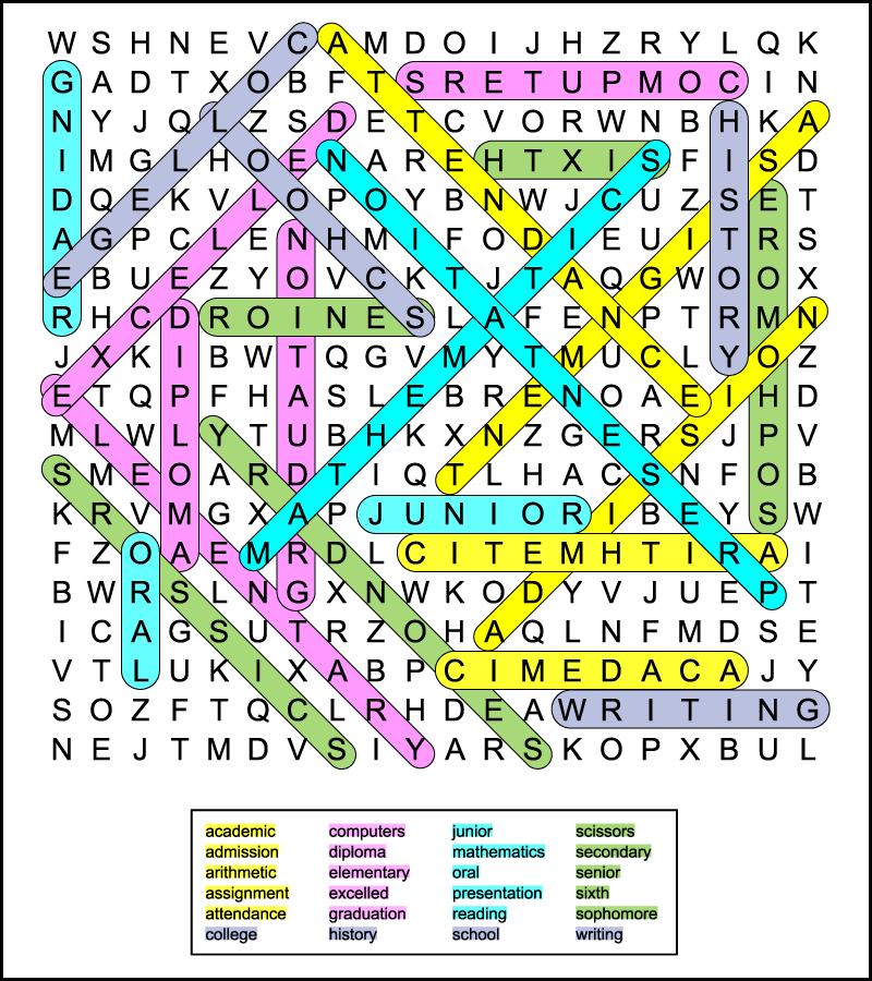 A color coded 6th grade school word search answer key.
