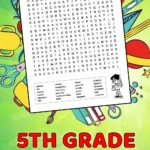 A printable 5th grade back to school word search for kids. The black and white printable puzzle has 24 hidden words in a 19 X 20 grid of letters. An image of a boy doing science decorates the word search.