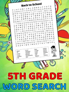 A printable 5th grade back to school word search for kids. The black and white printable puzzle has 24 hidden words in a 19 X 20 grid of letters. An image of a boy doing science decorates the word search.