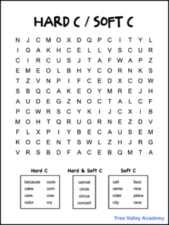 A black and white printable hard c soft c word search. There are 8 hard C words, 8 soft C words and 4 words with a hard and soft C, hidden in the 12 X 14 grid of large print letters.