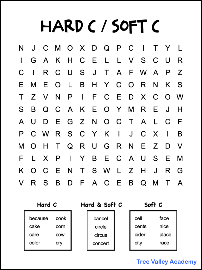 A black and white printable hard c soft c word search.  There are 8 hard C words, 8 soft C words and 4 words with a hard and soft C, hidden in the 12 X 14 grid of large print letters.