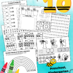 7 pages of free printable number bonds of 10 worksheets for preschool, kindergarten & grade 1. The math worksheets have a bee theme. Kids will use a number line, color, add and subtract with ten frames, and cut and paste the letters that spell the number word ten.